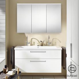 Burgbad Eqio Badmöbel-Set 4 Waschtisch mit Waschtischunterschrank und Spiegelschrank Front weiß hochglanz / Korpus weiß glanz, Stangengriff chrom