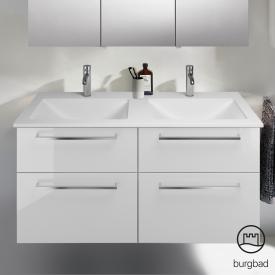 Burgbad Eqio Doppelwaschtisch mit Waschtischunterschrank mit 4 Auszügen Front weiß hochglanz/Korpus weiß glanz, Stangengriff chrom