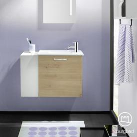 Burgbad Eqio Handwaschbecken mit Waschtischunterschrank mit 1 Klappe mit offenem Fach eiche dekor urban/weiß matt, Stangengriff chrom