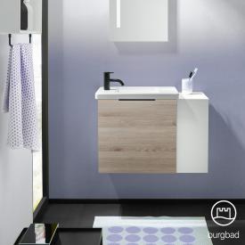 Burgbad Eqio Handwaschbecken mit Waschtischunterschrank mit 1 Klappe mit offenem Fach eiche flanell dekor, Griff schwarz matt