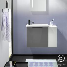 Burgbad Eqio Handwaschbecken mit Waschtischunterschrank mit 1 Klappe mit offenem Fach Front grau hochglanz/Korpus grau glanz, Griff schwarz matt