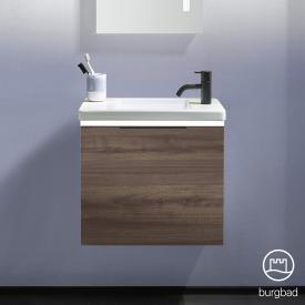 Burgbad Eqio Handwaschbecken mit Waschtischunterschrank mit Beleuchtung mit 1 Klappe marone trüffel dekor, Griff schwarz matt