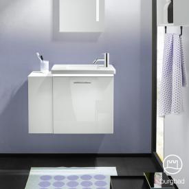 Burgbad Eqio Handwaschbecken mit Waschtischunterschrank mit Beleuchtung mit 1 Klappe mit offenem Fach Front weiß hochglanz/Korpus weiß glanz, Stangengriff chrom