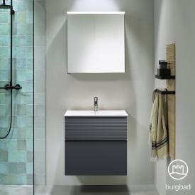 Burgbad Fiumo Badmöbel-Set Waschtisch mit Waschtischunterschrank und Spiegelschrank graphit softmatt, Griffleiste schwarz matt