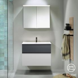 Burgbad Fiumo Badmöbel-Set Waschtisch mit Waschtischunterschrank und Spiegelschrank weiß matt/graphit softmatt, Griffleiste schwarz matt