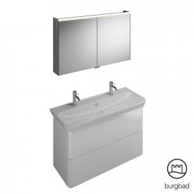 Burgbad Iveo Waschtisch mit Waschtischunterschrank und Spiegelschrank weiß hochglanz, mit Griffmulde weiß, Griff chrom