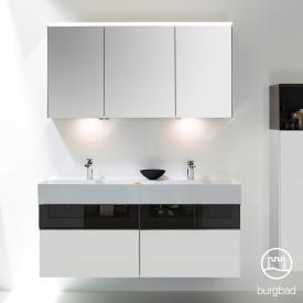 Burgbad Yumo Set Doppelwaschtisch mit Waschtischunterschrank und Spiegelschrank Front weiß matt/bronze/Korpus weiß matt, Waschtisch weiß samt