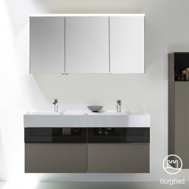 Burgbad Yumo Set Doppelwaschtisch mit Waschtischunterschrank und Spiegelschrank grau hochglanz/bronze, Waschtisch weiß