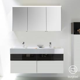 Burgbad Yumo Set Doppelwaschtisch mit Waschtischunterschrank und Spiegelschrank weiß matt/ bronze, Waschtisch weiß