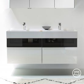 Burgbad Yumo Doppelwaschtisch mit Waschtischunterschrank mit 4 Auszügen Front weiß hochglanz/bronze/Korpus weiß hochglanz/Waschtisch weiß samt