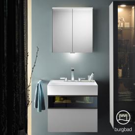 Burgbad Yumo Set Waschtisch mit Waschtischunterschrank und Spiegelschrank Front weiß matt/bronze/Korpus weiß matt/Waschtisch weiß