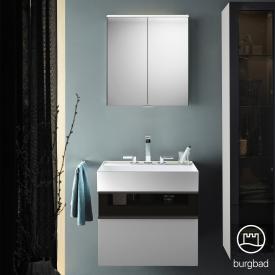 Burgbad Yumo Set Waschtisch mit Waschtischunterschrank und Spiegelschrank weiß matt/ bronze, Waschtisch weiß