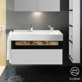Burgbad Yumo Waschtisch inkl. Ablage mit Waschtischunterschrank mit Beleuchtung und 2 Auszügen weiß matt/ bronze, Waschtisch weiß
