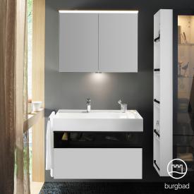 Burgbad Yumo Set Waschtisch inkl. Ablage mit Waschtischunterschrank und Spiegelschrank Front weiß matt/bronze/Korpus weiß matt/Waschtisch weiß
