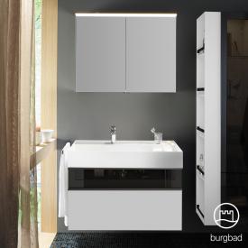 Burgbad Yumo Set Waschtisch inkl. Ablage mit Waschtischunterschrank und Spiegelschrank weiß matt/ bronze, Waschtisch weiß