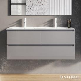 evineo ineo2 Doppelwaschtisch mit Waschtischunterschrank mit 3 Auszügen, mit Griffmulde grau hochglanz, Waschtisch weiß