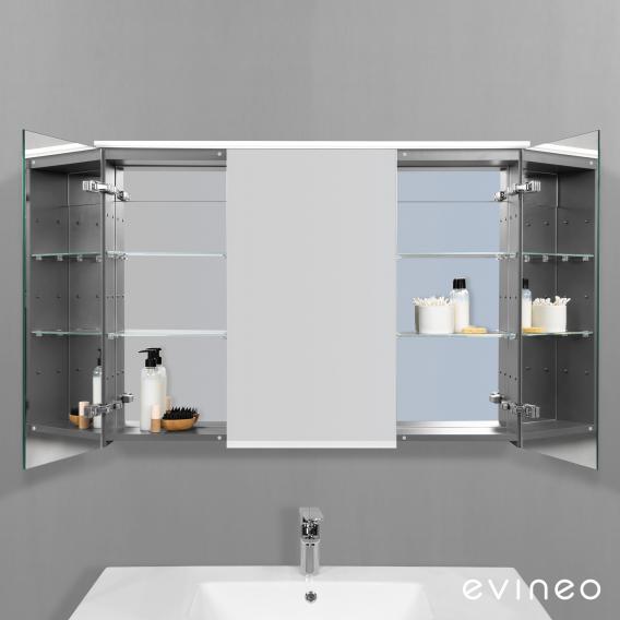 Evineo ineo4 Doppelwaschtisch mit Waschtischunterschrank mit Griff, mit LED-Spiegelschrank Front weiß hochglanz/verspiegelt / Korpus weiß hochglanz/verspiegelt