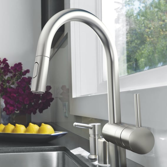 Grohe Minta Küchenarmatur – Ausziehbar, Doppelstrahl, 1,75 GPM, Starlight Chrom, 360° Schwenkbar