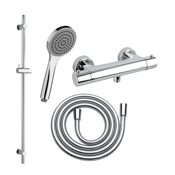 Fortis Brauseset mit Thermostat, Handbrause mit 1 Strahlart, Brausestange, Brauseschlauch chrom