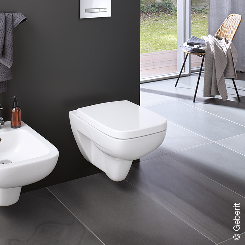 Geberit Renova Plan Wand-Tiefspül-WC mit WC-Sitz ohne Spülrand, weiß, WC-Sitz  mit Absenkautomatik & abnehmbar - 202170000+500832001