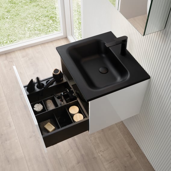 rivea Dia Unterschrank B: 61 cm mit 1 Auszug, Waschtisch mit 1 Hahnloch schwarz matt, mit n50 Spiegelschrank, Unterschrank weiß hochglanz