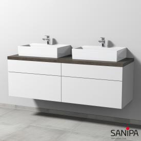 Sanipa 2morrow Waschtischunterschrank für 2 Aufsatzwaschtische mit 4 Auszügen weiß matt/weiß soft, Abdeckplatte lava soft