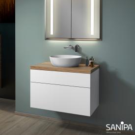 Sanipa 2morrow Waschtischunterschrank für Aufsatzwaschtisch mit 2 Auszügen weiß matt/weiß soft, Abdeckplatte eiche kansas
