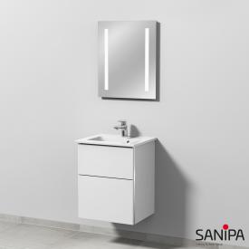 Sanipa 3way Handwaschbecken mit Waschtischunterschrank mit 2 Auszügen und Spiegel weiß soft/verspiegelt, mit Griffmulde, Lichtfarbe neutralweiß