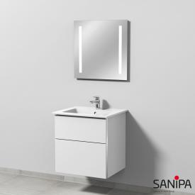 Sanipa 3way Waschtisch mit Waschtischunterschrank mit 2 Auszügen und Spiegel weiß soft/verspiegelt, mit Griffmulde, Lichtfarbe neutralweiß, Becken mittig