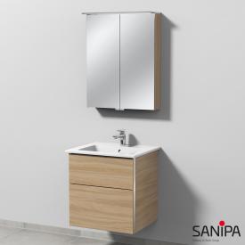Sanipa 3way Waschtisch mit Waschtischunterschrank mit 2 Auszügen und Spiegelschrank ulme impresso/verspiegelt, mit Griffmulde, Becken mittig
