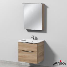 Sanipa 3way Waschtisch mit Waschtischunterschrank mit 2 Auszügen und LED-Spiegelschrank Front ulme natural touch/verspiegelt / Korpus ulme natural touch, mit Griffleiste, Becken mittig